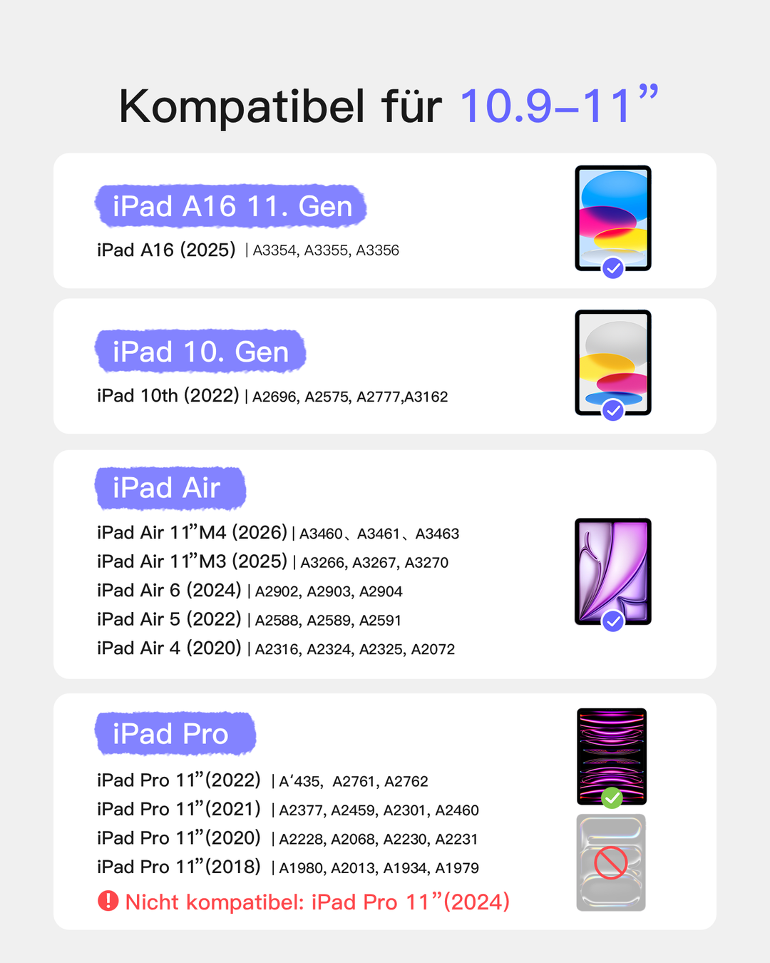 Abnehmbar Tastatur für iPad 11" A16 (2025), iPad Air 11" M4/M3/M2 (2026/2025/2024), iPad Air 10.9" 5/4, iPad Pro 11" 4/3