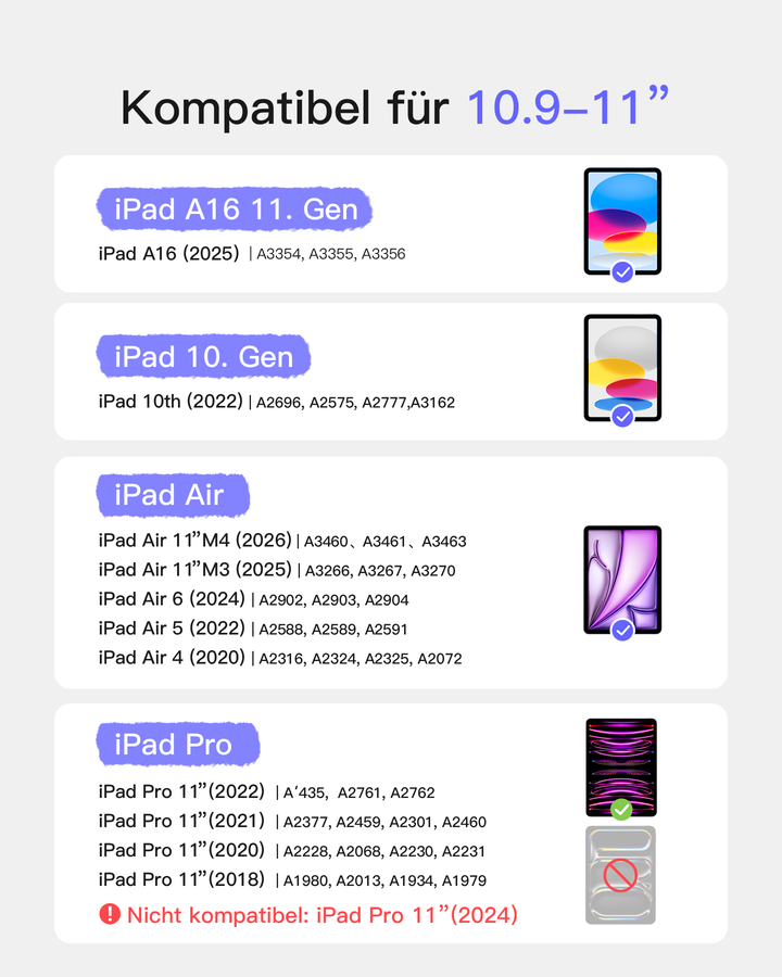 Abnehmbar Tastatur für iPad 11" A16 (2025), iPad Air 11" M4/M3/M2 (2026/2025/2024), iPad Air 10.9" 5/4, iPad Pro 11" 4/3