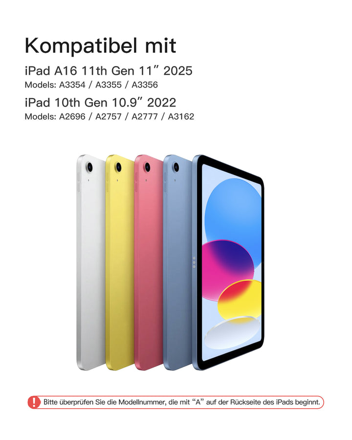 Inateck abnehmbare Tastaturhülle für iPad 11 Zoll (A16) 2025 / iPad 10 Generation 10,9 Zoll, QWERTZ, KB204