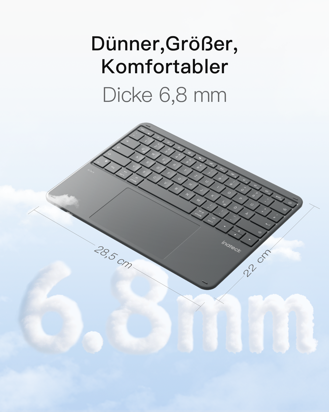 Inateck Bluetooth Tastatur mit 5,9 Zoll großem Touchpad, QWERTZ, 3 Kanäle, iPad/Tablet/Windows, KB105