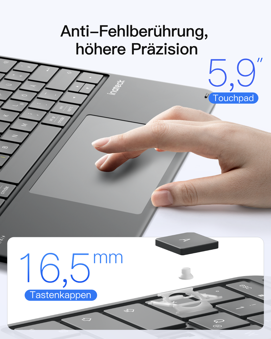 Inateck Bluetooth Tastatur mit 5,9 Zoll großem Touchpad, QWERTZ, 3 Kanäle, iPad/Tablet/Windows, KB105