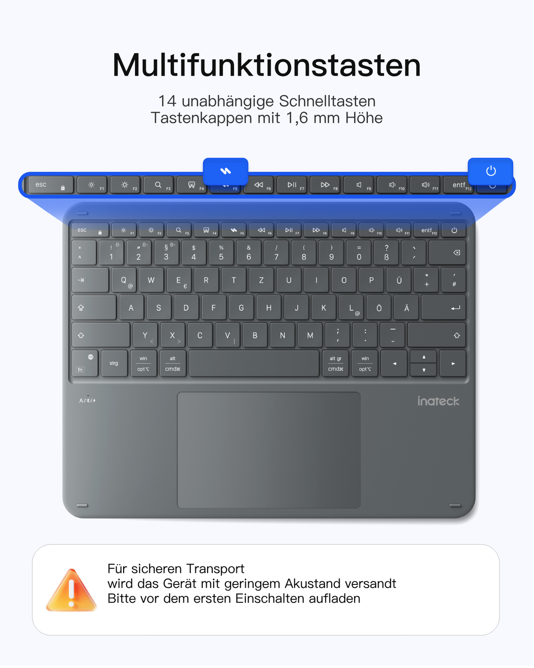 Inateck Bluetooth Tastatur mit 5,9 Zoll großem Touchpad, QWERTZ, 3 Kanäle, iPad/Tablet/Windows, KB105