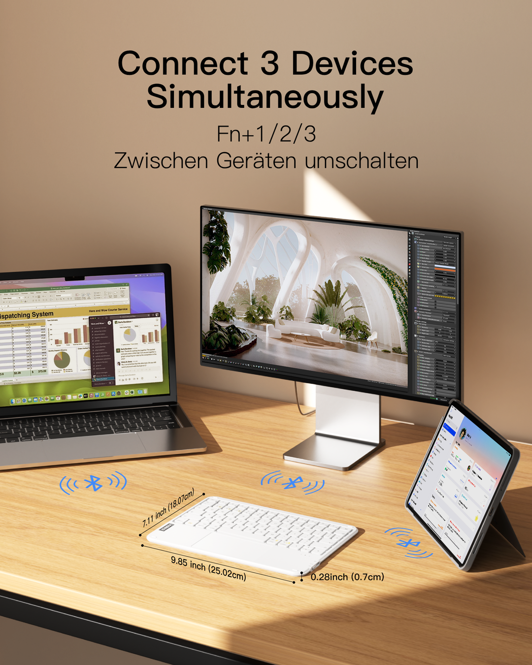 Ultraleichte Tablet Tastatur Kabellose QWERTZ Deutsch mit Trackpad, kompatibel mit iPad/Tablet/Windows/Laptop/PC, KB0110