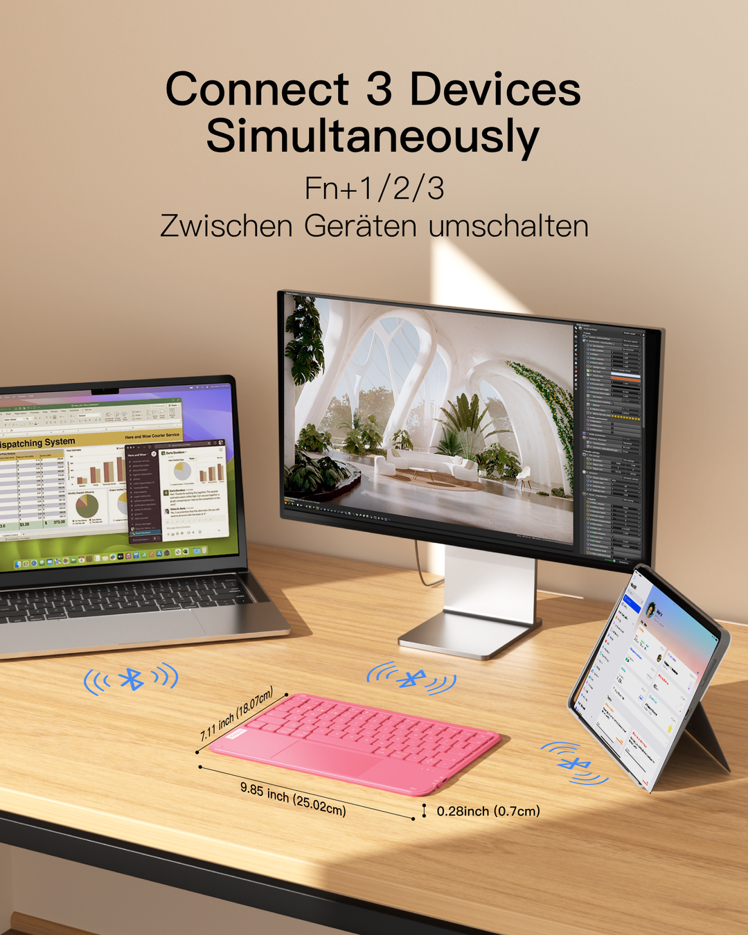 Ultraleichte Tablet Tastatur Kabellose QWERTZ Deutsch mit Trackpad, kompatibel mit iPad/Tablet/Windows/Laptop/PC, KB0110