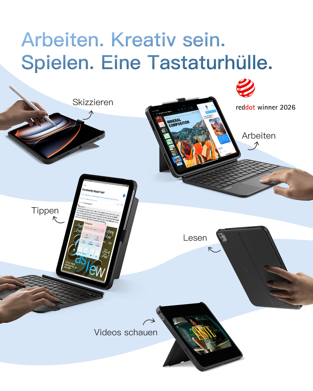 Abnehmbar Hülle mit Tastatur für iPad 11" A16 2025, iPad 10.9" 2022,mit Stifthalter, QWERTZ, AceTouch Pro, KB403-10 | Re