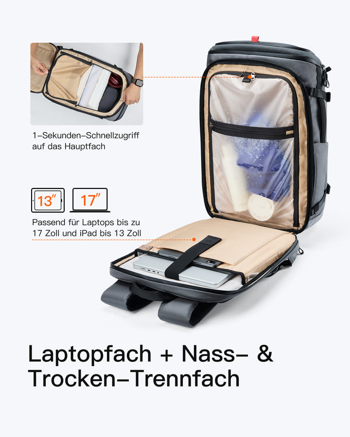 Handgepäck Rucksack 40L, TSA Freundlich Groß Reiserucksack Spritzwassergeschützt Travel Backpack für 17 Zoll Laptop, BPX