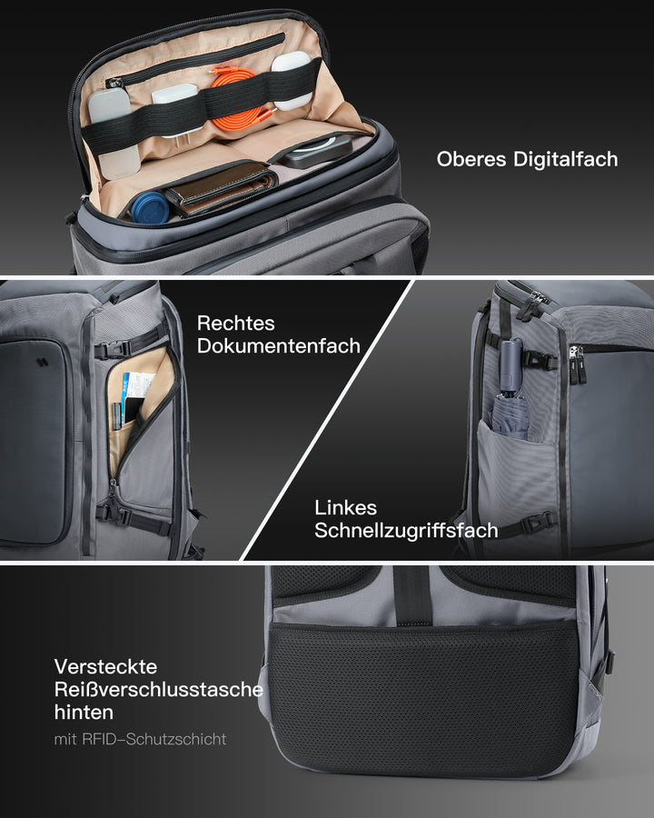Handgepäck Rucksack 40L, TSA Freundlich Groß Reiserucksack Spritzwassergeschützt Travel Backpack für 17 Zoll Laptop, BPX