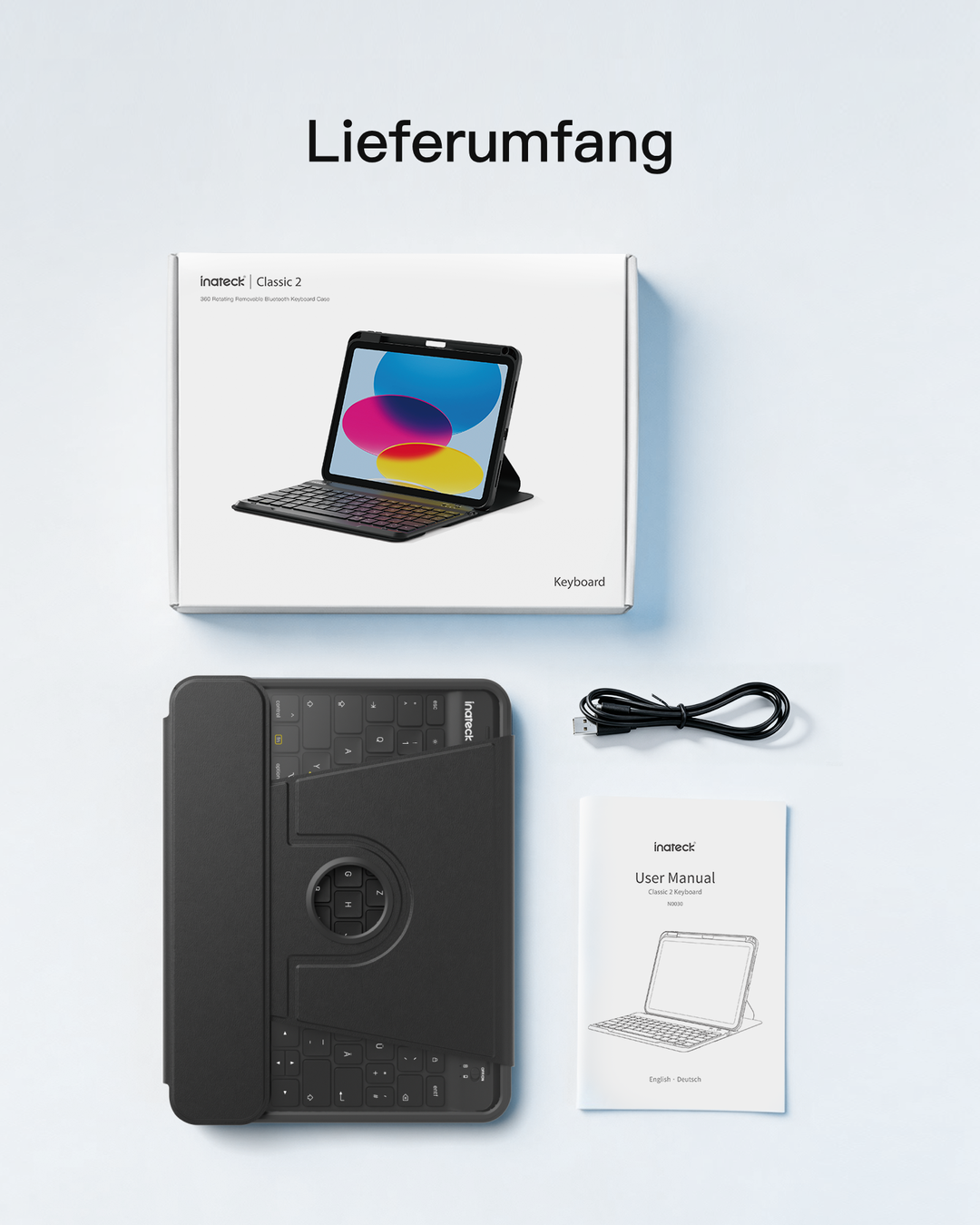 Inateck Tastaturhülle für iPad 11 (A16)/10. Gen, 360° drehbar, abnehmbare QWERTZ Tastatur, KB005