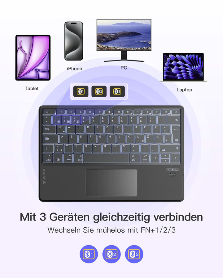 inateck DE KI-Funktion Tablet Tastatur, Unterstützt Windows, iPad OS, Android, iOS, QWERTZ, KB01104
