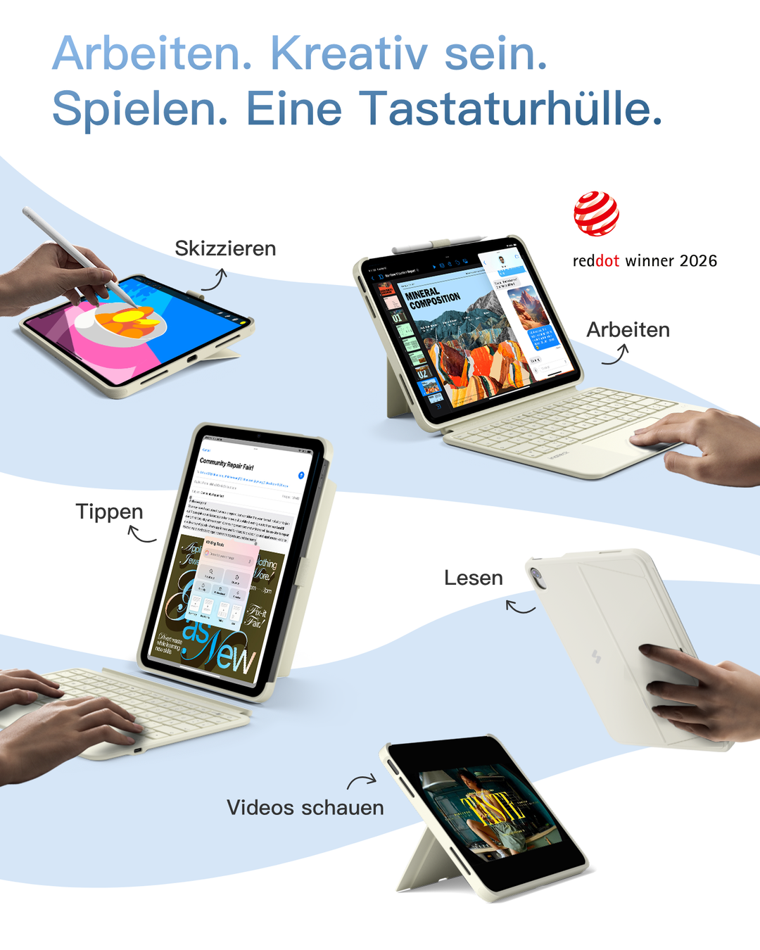 Abnehmbar Hülle mit Tastatur für iPad 11" A16 2025, iPad 10.9" 2022,mit Stifthalter, QWERTZ, AceTouch Pro, KB403-10 | Re